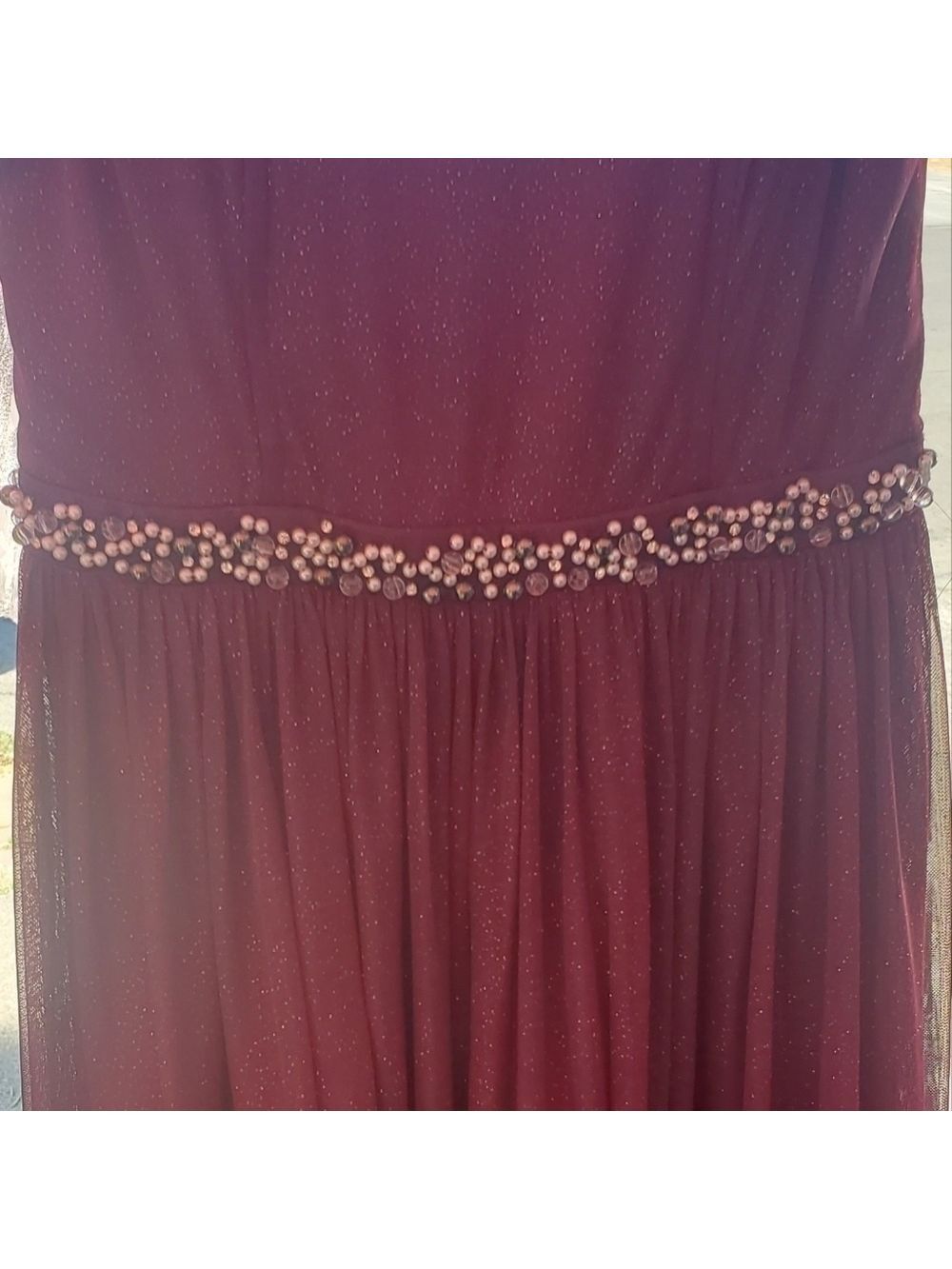 SPEECHLESS Burgundy Glitter Sheer Evening Gown Size 9 Beaded Flowing  Faux pearl - Picture 9 of 17
